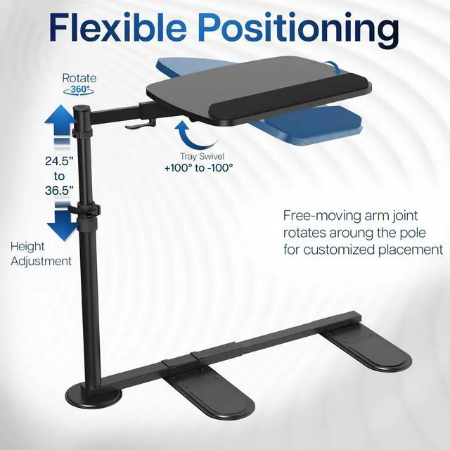 Alt view image 5 of 6 - 20 inch Over Couch Swivel Table, Laptop Desk for Remote Work, Portable Recliner Workstation with Height Adjustable Swing Arm, Black, DESK-ST02C