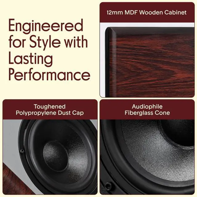 Alt view image 5 of 6 - 6.5" Home Audio Speakers, 2-Way Passive Bookshelf, 240W Max Power, 1" Silk Dome Tweeter, Composite Woofer, Gold Plated 5 Way Binding Post, Rubber Surrounds, Beautiful Wood Grain Finish - Pair