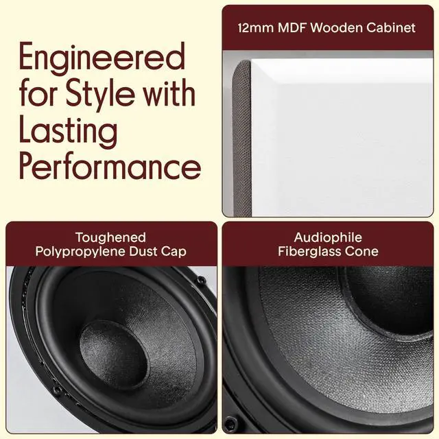 Alt view image 4 of 6 - 6.5 Bookshelf Speakers, Pair of Wired Bookshelf Speakers with Wall Mount Brackets, 2-Way HiFi Home Theater with Paper Cone, Soft Dome Tweeter, Compact Design, 11.5 x 7.5 x 9.5, White