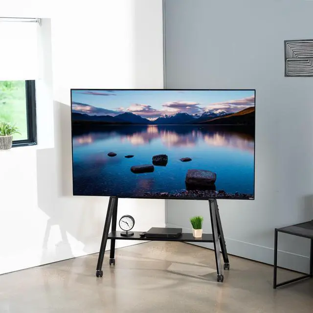 Alt view image 2 of 6 - Rolling Artistic Easel 43 to 75 inch LED LCD Screen Mobile Studio TV Display Stand, Wood Accessory Shelf, Adjustable TV Mount with 4 Legs, Black, STAND-TV75RB