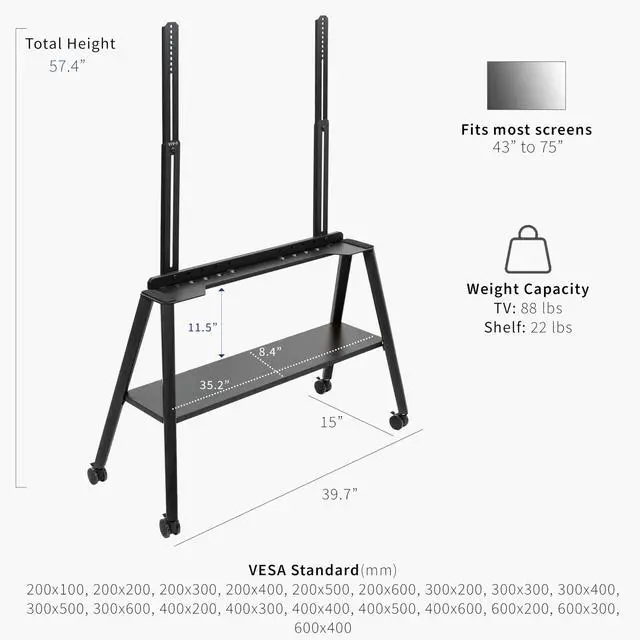 Alt view image 4 of 6 - Rolling Artistic Easel 43 to 75 inch LED LCD Screen Mobile Studio TV Display Stand, Wood Accessory Shelf, Adjustable TV Mount with 4 Legs, Black, STAND-TV75RB