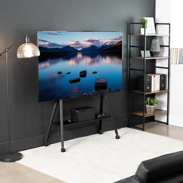 Alt view image 5 of 6 - Rolling Artistic Easel 43 to 75 inch LED LCD Screen Mobile Studio TV Display Stand, Wood Accessory Shelf, Adjustable TV Mount with 4 Legs, Black, STAND-TV75RB