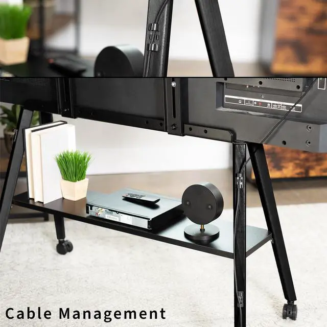 Alt view image 6 of 6 - Rolling Artistic Easel 43 to 75 inch LED LCD Screen Mobile Studio TV Display Stand, Wood Accessory Shelf, Adjustable TV Mount with 4 Legs, Black, STAND-TV75RB