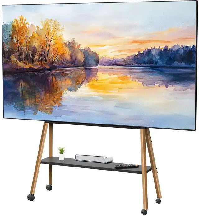 Main image of Rolling Artistic 43 to 75 inch LED LCD Screen Mobile Studio TV Easel Stand, Wood Accessory Shelf, Adjustable TV Mount with 4 Walnut Legs, Black Frame, STAND-TV75R