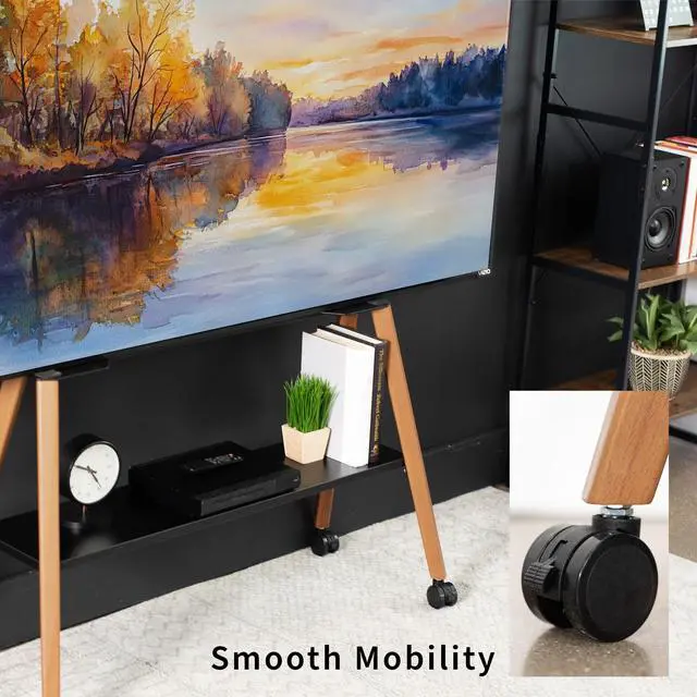 Alt view image 3 of 6 - Rolling Artistic 43 to 75 inch LED LCD Screen Mobile Studio TV Easel Stand, Wood Accessory Shelf, Adjustable TV Mount with 4 Walnut Legs, Black Frame, STAND-TV75R