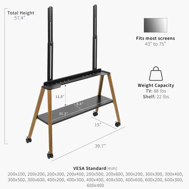 Alt view image 4 of 6 - Rolling Artistic 43 to 75 inch LED LCD Screen Mobile Studio TV Easel Stand, Wood Accessory Shelf, Adjustable TV Mount with 4 Walnut Legs, Black Frame, STAND-TV75R