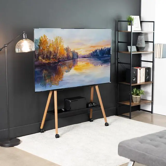 Alt view image 5 of 6 - Rolling Artistic 43 to 75 inch LED LCD Screen Mobile Studio TV Easel Stand, Wood Accessory Shelf, Adjustable TV Mount with 4 Walnut Legs, Black Frame, STAND-TV75R