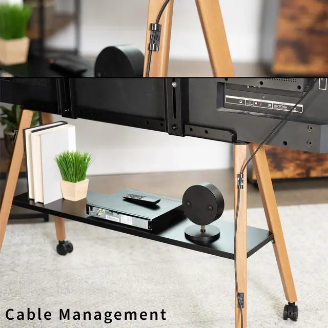 Alt view image 6 of 6 - Rolling Artistic 43 to 75 inch LED LCD Screen Mobile Studio TV Easel Stand, Wood Accessory Shelf, Adjustable TV Mount with 4 Walnut Legs, Black Frame, STAND-TV75R