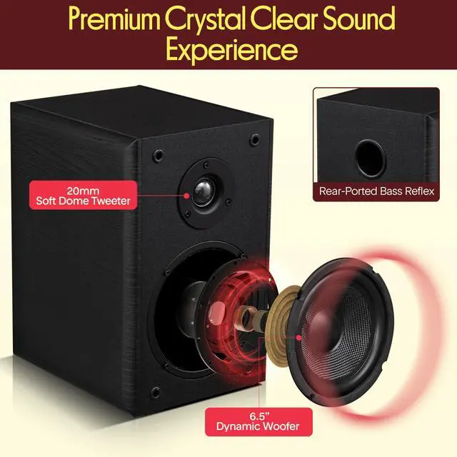 Alt view image 2 of 6 - 6.5 Wired Bookshelf Speakers Pair 2-Way HiFi Home Theater Stereo Speakers with Soft Dome Tweeter, Paper Cone Woofer & Wall Mount Brackets Compact Speaker System, Black