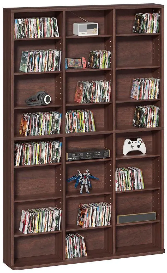 Main image of 8 Tier Tall Display Cabinet, Walnut Media Storage Cabinet | Adjustable Shelves, Free Standing DVD Organizer Shelf, Floor Multimedia Storage Manga Bookshelf for Living Room & Home Office