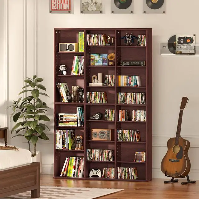 Alt view image 2 of 6 - 8 Tier Tall Display Cabinet, Walnut Media Storage Cabinet | Adjustable Shelves, Free Standing DVD Organizer Shelf, Floor Multimedia Storage Manga Bookshelf for Living Room & Home Office