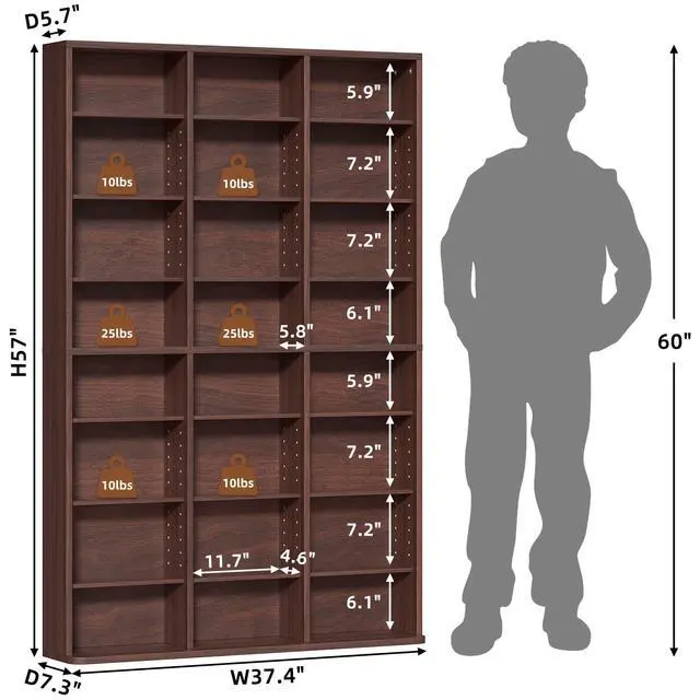 Alt view image 3 of 6 - 8 Tier Tall Display Cabinet, Walnut Media Storage Cabinet | Adjustable Shelves, Free Standing DVD Organizer Shelf, Floor Multimedia Storage Manga Bookshelf for Living Room & Home Office