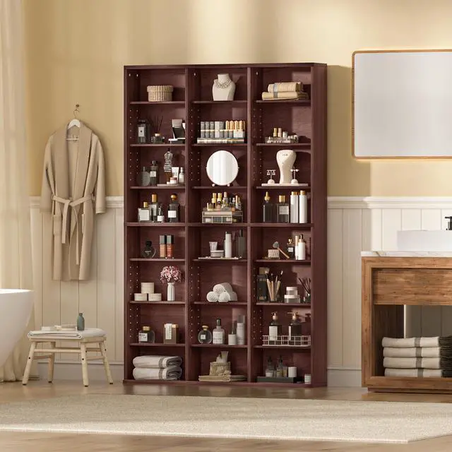 Alt view image 5 of 6 - 8 Tier Tall Display Cabinet, Walnut Media Storage Cabinet | Adjustable Shelves, Free Standing DVD Organizer Shelf, Floor Multimedia Storage Manga Bookshelf for Living Room & Home Office