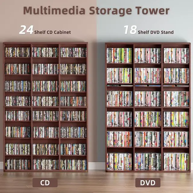 Alt view image 6 of 6 - 8 Tier Tall Display Cabinet, Walnut Media Storage Cabinet | Adjustable Shelves, Free Standing DVD Organizer Shelf, Floor Multimedia Storage Manga Bookshelf for Living Room & Home Office