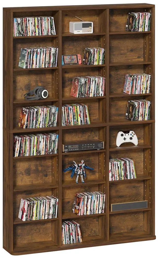 Main image of 8 Tier Tall Display Cabinet, Brown Media Storage Cabinet | Adjustable Shelves, Free Standing DVD Organizer Shelf, Floor Multimedia Storage Manga Bookshelf for Living Room & Home Office