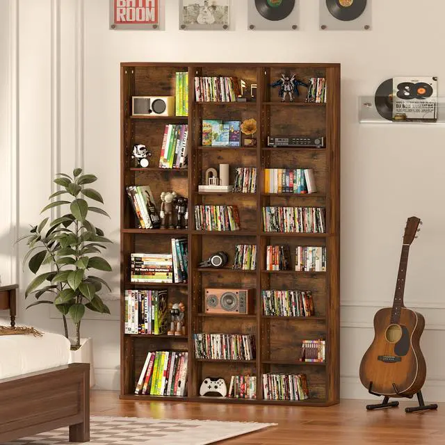 Alt view image 2 of 6 - 8 Tier Tall Display Cabinet, Brown Media Storage Cabinet | Adjustable Shelves, Free Standing DVD Organizer Shelf, Floor Multimedia Storage Manga Bookshelf for Living Room & Home Office