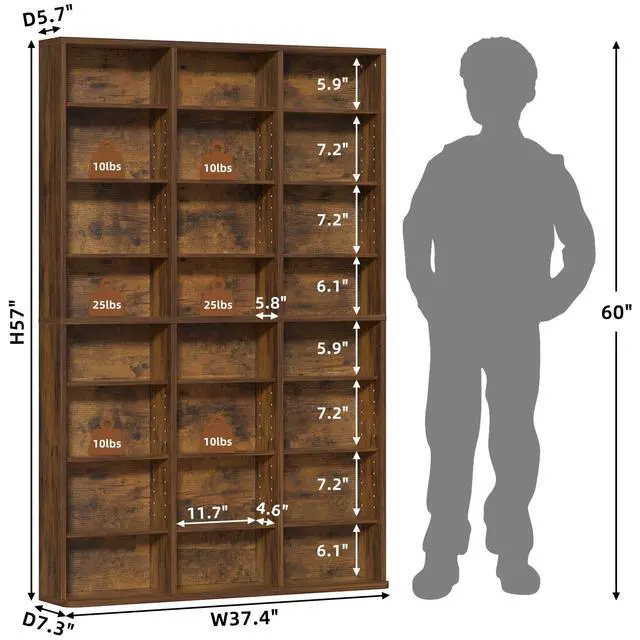 Alt view image 3 of 6 - 8 Tier Tall Display Cabinet, Brown Media Storage Cabinet | Adjustable Shelves, Free Standing DVD Organizer Shelf, Floor Multimedia Storage Manga Bookshelf for Living Room & Home Office