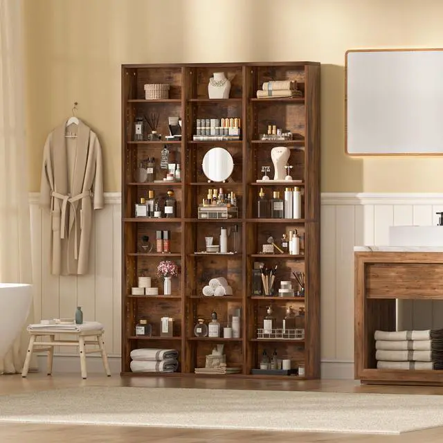 Alt view image 5 of 6 - 8 Tier Tall Display Cabinet, Brown Media Storage Cabinet | Adjustable Shelves, Free Standing DVD Organizer Shelf, Floor Multimedia Storage Manga Bookshelf for Living Room & Home Office