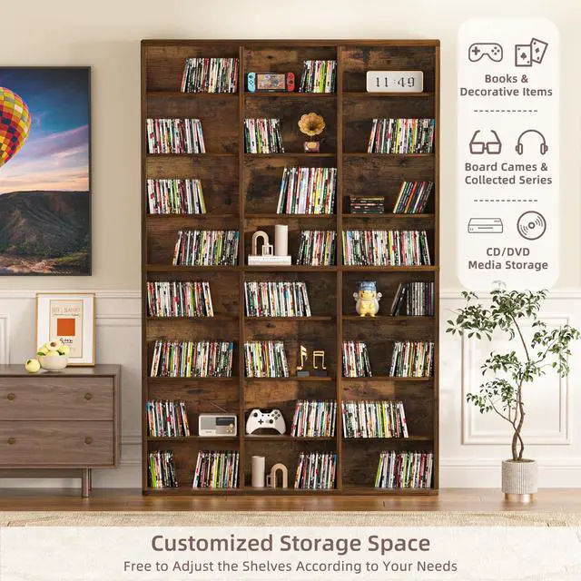 Alt view image 6 of 6 - 8 Tier Tall Display Cabinet, Brown Media Storage Cabinet | Adjustable Shelves, Free Standing DVD Organizer Shelf, Floor Multimedia Storage Manga Bookshelf for Living Room & Home Office