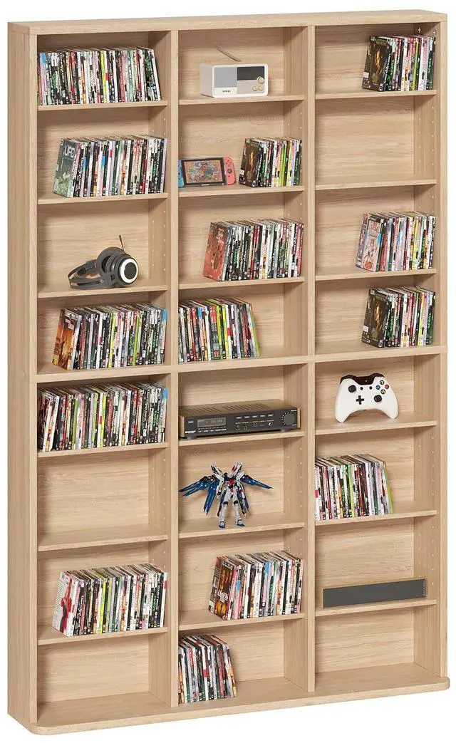 Main image of 8 Tier Tall Display Cabinet, Natural Media Storage Cabinet11 | Adjustable Shelves, Free Standing DVD Organizer Shelf, Floor Multimedia Storage Manga Bookshelf for Living Room & Home Office