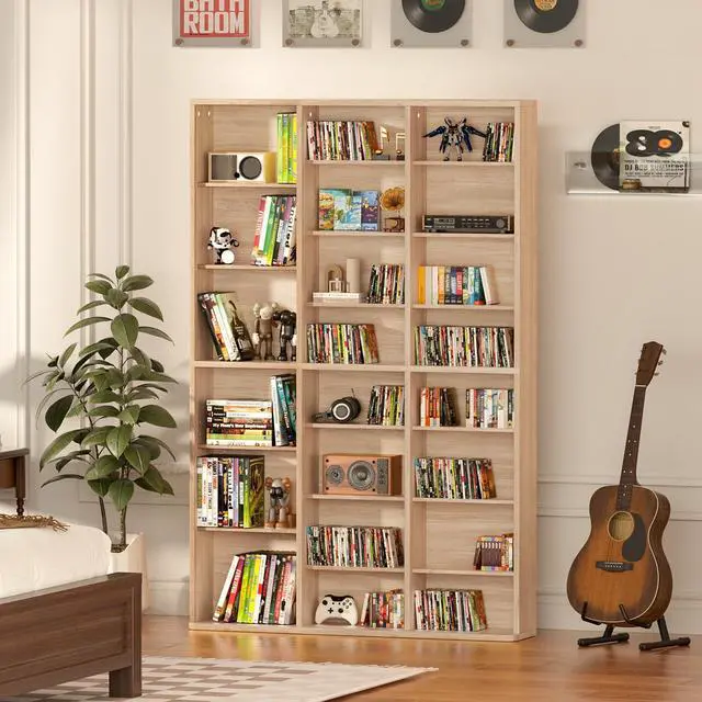 Alt view image 2 of 6 - 8 Tier Tall Display Cabinet, Natural Media Storage Cabinet11 | Adjustable Shelves, Free Standing DVD Organizer Shelf, Floor Multimedia Storage Manga Bookshelf for Living Room & Home Office
