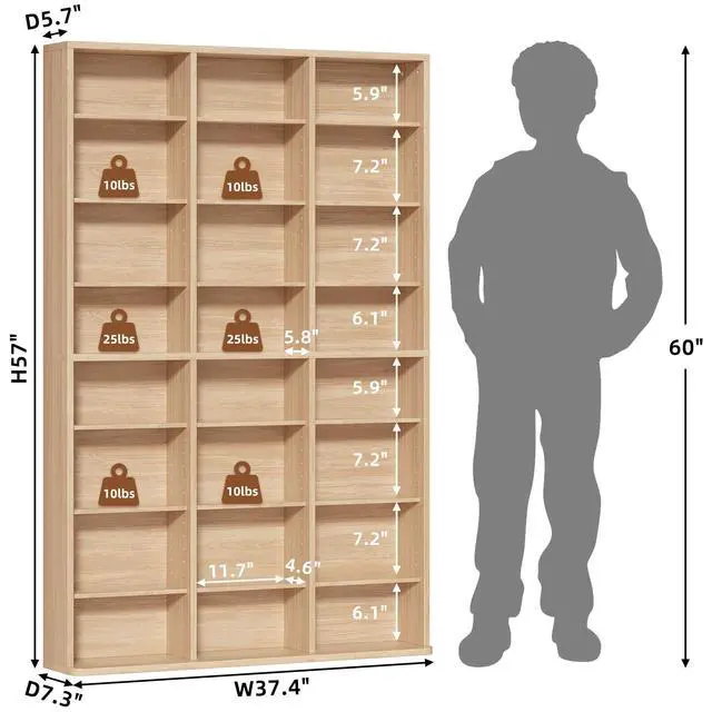 Alt view image 3 of 6 - 8 Tier Tall Display Cabinet, Natural Media Storage Cabinet11 | Adjustable Shelves, Free Standing DVD Organizer Shelf, Floor Multimedia Storage Manga Bookshelf for Living Room & Home Office