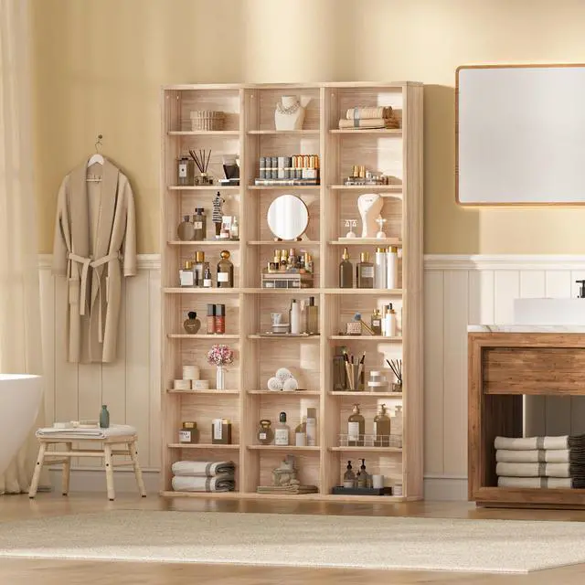 Alt view image 5 of 6 - 8 Tier Tall Display Cabinet, Natural Media Storage Cabinet11 | Adjustable Shelves, Free Standing DVD Organizer Shelf, Floor Multimedia Storage Manga Bookshelf for Living Room & Home Office
