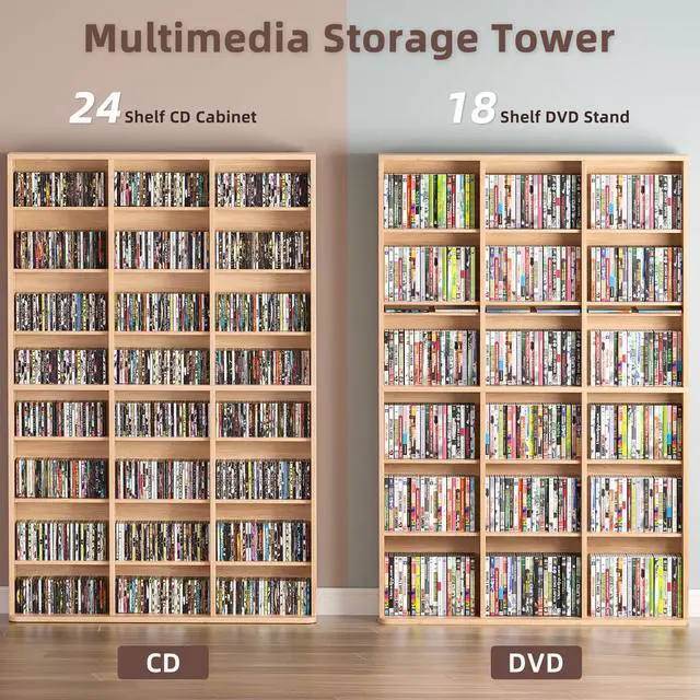 Alt view image 6 of 6 - 8 Tier Tall Display Cabinet, Natural Media Storage Cabinet11 | Adjustable Shelves, Free Standing DVD Organizer Shelf, Floor Multimedia Storage Manga Bookshelf for Living Room & Home Office