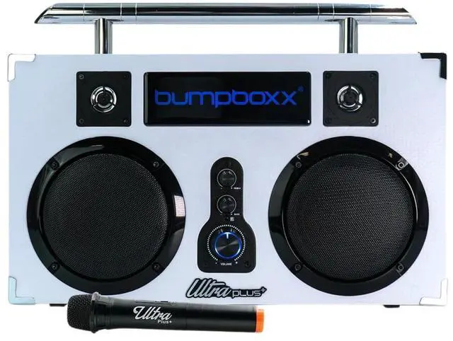 Main image of Bluetooth Boombox Ultra Plus, White | Retro Boombox with Bluetooth Speaker. Includes Rechargeable Lithium Battery. Carrying Strap & Mic. Easy to Carry
