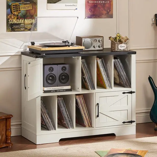 Main image of Large Record Player Stand with Vinyl Storage Up to 450 Albums, 39 Inch Farmhouse Rustic Wood White Storage Cabinet with Barn Doors, Vintage Mid-Century Turntable Stand for Bedroom, Living Room