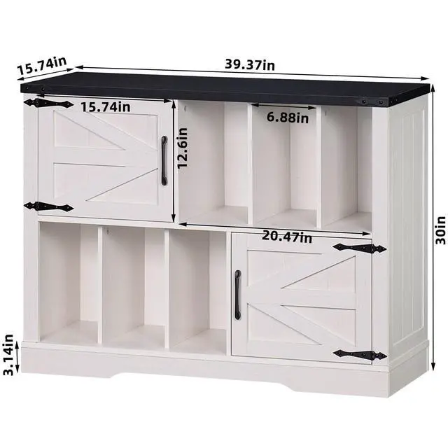 Alt view image 2 of 6 - Large Record Player Stand with Vinyl Storage Up to 450 Albums, 39 Inch Farmhouse Rustic Wood White Storage Cabinet with Barn Doors, Vintage Mid-Century Turntable Stand for Bedroom, Living Room