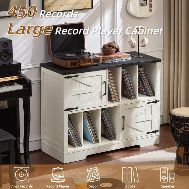 Alt view image 4 of 6 - Large Record Player Stand with Vinyl Storage Up to 450 Albums, 39 Inch Farmhouse Rustic Wood White Storage Cabinet with Barn Doors, Vintage Mid-Century Turntable Stand for Bedroom, Living Room
