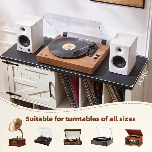 Alt view image 6 of 6 - Large Record Player Stand with Vinyl Storage Up to 450 Albums, 39 Inch Farmhouse Rustic Wood White Storage Cabinet with Barn Doors, Vintage Mid-Century Turntable Stand for Bedroom, Living Room