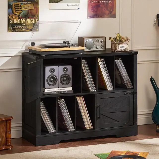 Main image of Large Record Player Stand with Vinyl Storage Up to 450 Albums, 39 Inch Farmhouse Wood Black Vinyl Records Storage Cabinet with Barn Doors, Mid-Century Modern Turntable Stand for Living Room