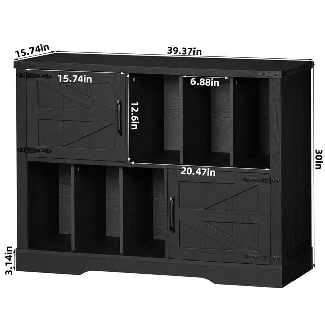 Alt view image 2 of 6 - Large Record Player Stand with Vinyl Storage Up to 450 Albums, 39 Inch Farmhouse Wood Black Vinyl Records Storage Cabinet with Barn Doors, Mid-Century Modern Turntable Stand for Living Room