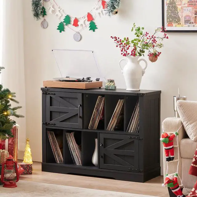 Alt view image 3 of 6 - Large Record Player Stand with Vinyl Storage Up to 450 Albums, 39 Inch Farmhouse Wood Black Vinyl Records Storage Cabinet with Barn Doors, Mid-Century Modern Turntable Stand for Living Room