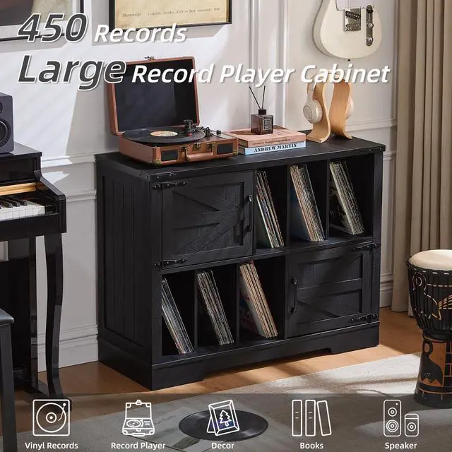 Alt view image 4 of 6 - Large Record Player Stand with Vinyl Storage Up to 450 Albums, 39 Inch Farmhouse Wood Black Vinyl Records Storage Cabinet with Barn Doors, Mid-Century Modern Turntable Stand for Living Room