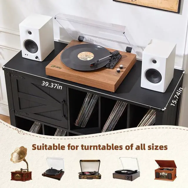 Alt view image 6 of 6 - Large Record Player Stand with Vinyl Storage Up to 450 Albums, 39 Inch Farmhouse Wood Black Vinyl Records Storage Cabinet with Barn Doors, Mid-Century Modern Turntable Stand for Living Room