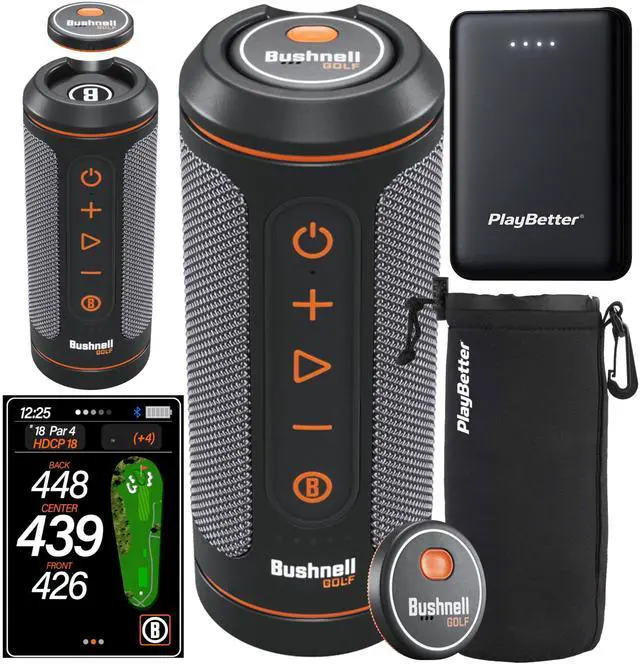 Main image of Bushnell Wingman 2 Golf GPS Speaker Charger & Pouch Bundle | Audible GPS & Remote, Music, BITE Magnetic Cart Mount, 40,000+ Courses, 14+ Hours Battery & External Battery Indicator