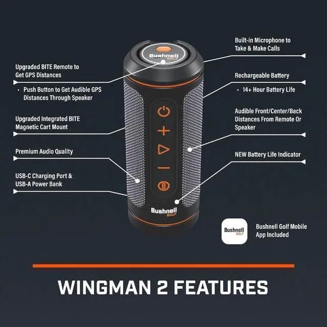 Alt view image 3 of 6 - Bushnell Wingman 2 Golf GPS Speaker Charger & Pouch Bundle | Audible GPS & Remote, Music, BITE Magnetic Cart Mount, 40,000+ Courses, 14+ Hours Battery & External Battery Indicator