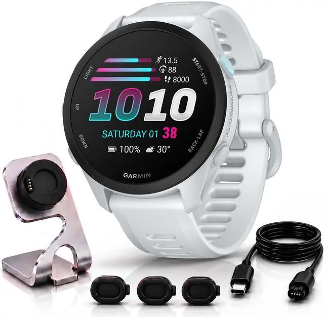Main image of Forerunner 70, 1.2" AMOLED GPS Running Watch, Training Readiness, 13-Day Battery, Whitestone, 010-04307-01 w/Deco Essentials Charging Dock, 3-Pack Dust Cover & USB-C Cable