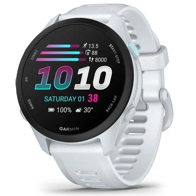Alt view image 2 of 6 - Forerunner 70, 1.2" AMOLED GPS Running Watch, Training Readiness, 13-Day Battery, Whitestone, 010-04307-01 w/Deco Essentials Charging Dock, 3-Pack Dust Cover & USB-C Cable