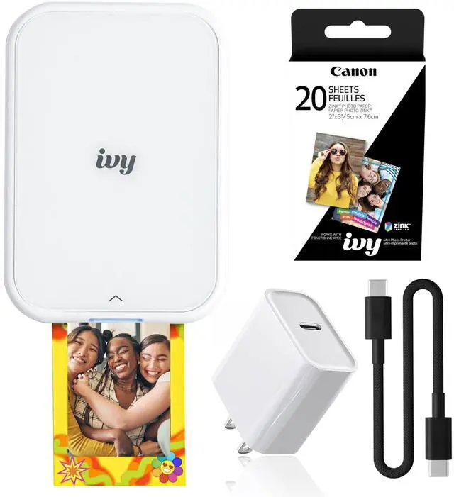 Main image of Ivy 2 Mini Photo Printer Pure White Travel Sheets (5452C018) Bundle | For iOS & Android, ZINK 2x3 Sticky-Back Photo Prints, Compact Travel Size | Bluetooth | 20 Sheets + More