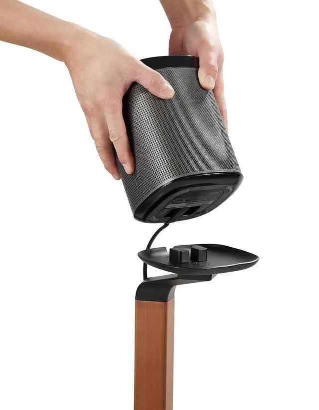 Alt view image 4 of 6 - Wood Speaker Stands for Sonos One, SL, Play:1, Pair | 30.75" floor standing for SONOS One, One SL, and Play:1 Speakers, 22 lb capacity, cable management, walnut wood & black metal