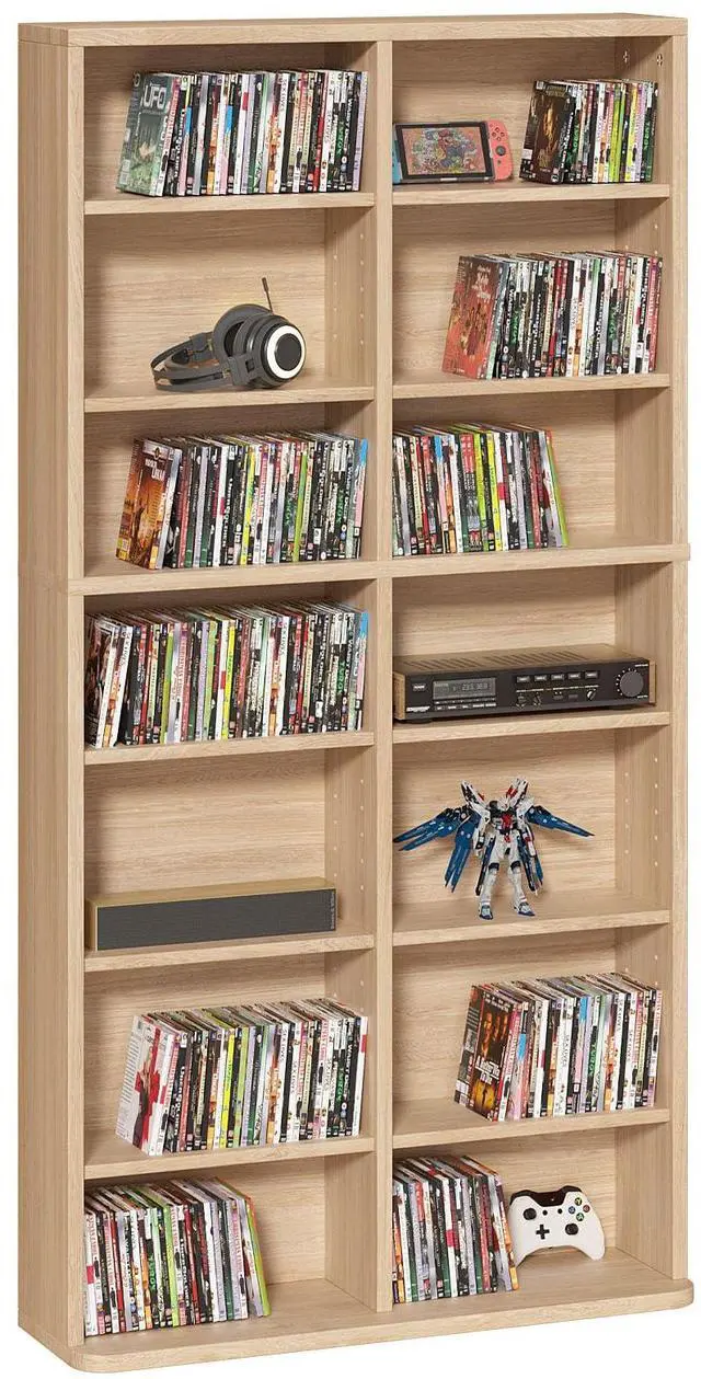 Main image of 7 Tier Tall Display Cabinet, Natural Media Storage Cabinet | Adjustable Shelves, Free Standing DVD Organizer Shelf, Floor Multimedia Storage Manga Bookshelf for Living Room & Home Office
