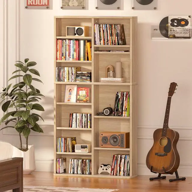 Alt view image 2 of 6 - 7 Tier Tall Display Cabinet, Natural Media Storage Cabinet | Adjustable Shelves, Free Standing DVD Organizer Shelf, Floor Multimedia Storage Manga Bookshelf for Living Room & Home Office
