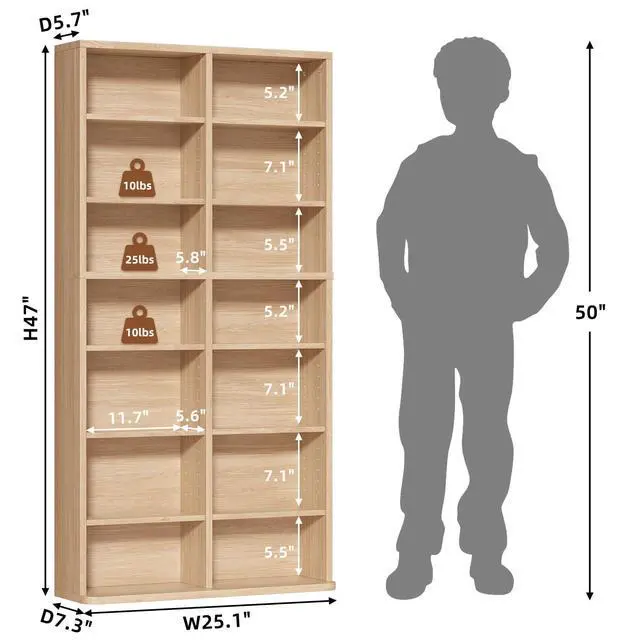 Alt view image 3 of 6 - 7 Tier Tall Display Cabinet, Natural Media Storage Cabinet | Adjustable Shelves, Free Standing DVD Organizer Shelf, Floor Multimedia Storage Manga Bookshelf for Living Room & Home Office