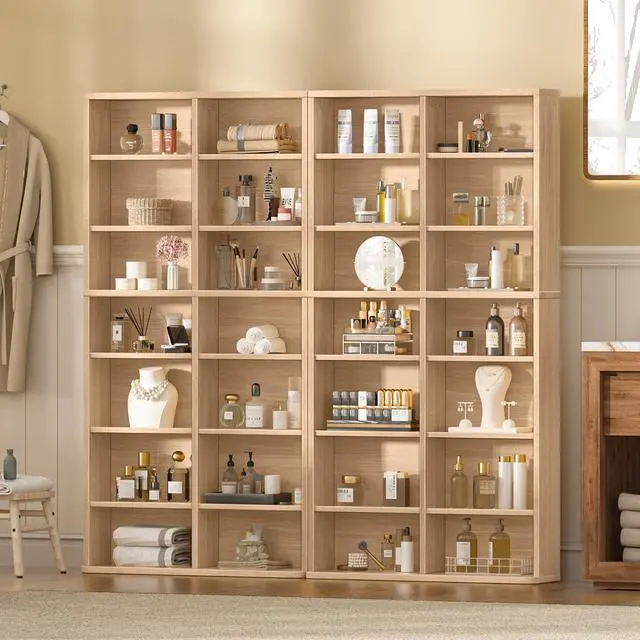 Alt view image 5 of 6 - 7 Tier Tall Display Cabinet, Natural Media Storage Cabinet | Adjustable Shelves, Free Standing DVD Organizer Shelf, Floor Multimedia Storage Manga Bookshelf for Living Room & Home Office
