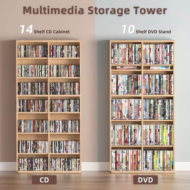 Alt view image 6 of 6 - 7 Tier Tall Display Cabinet, Natural Media Storage Cabinet | Adjustable Shelves, Free Standing DVD Organizer Shelf, Floor Multimedia Storage Manga Bookshelf for Living Room & Home Office