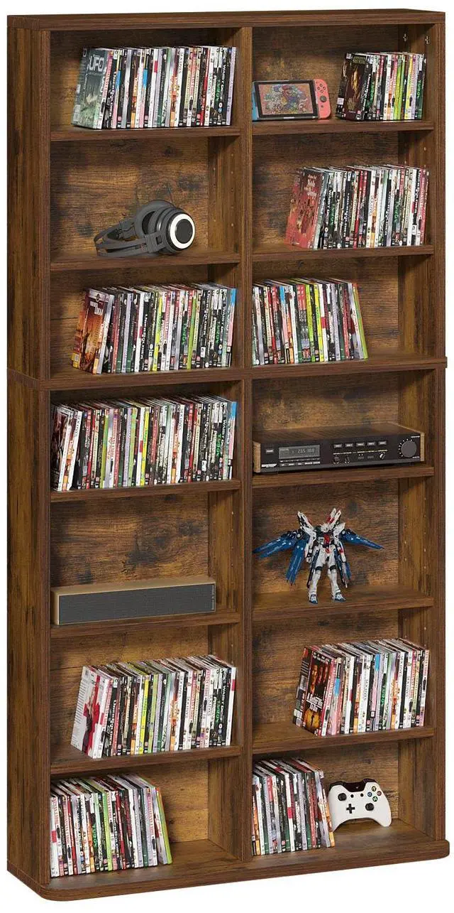 Main image of 7 Tier Tall Display Cabinet, Brown Media Storage Cabinet | Adjustable Shelves, Free Standing DVD Organizer Shelf, Floor Multimedia Storage Manga Bookshelf for Living Room & Home Office